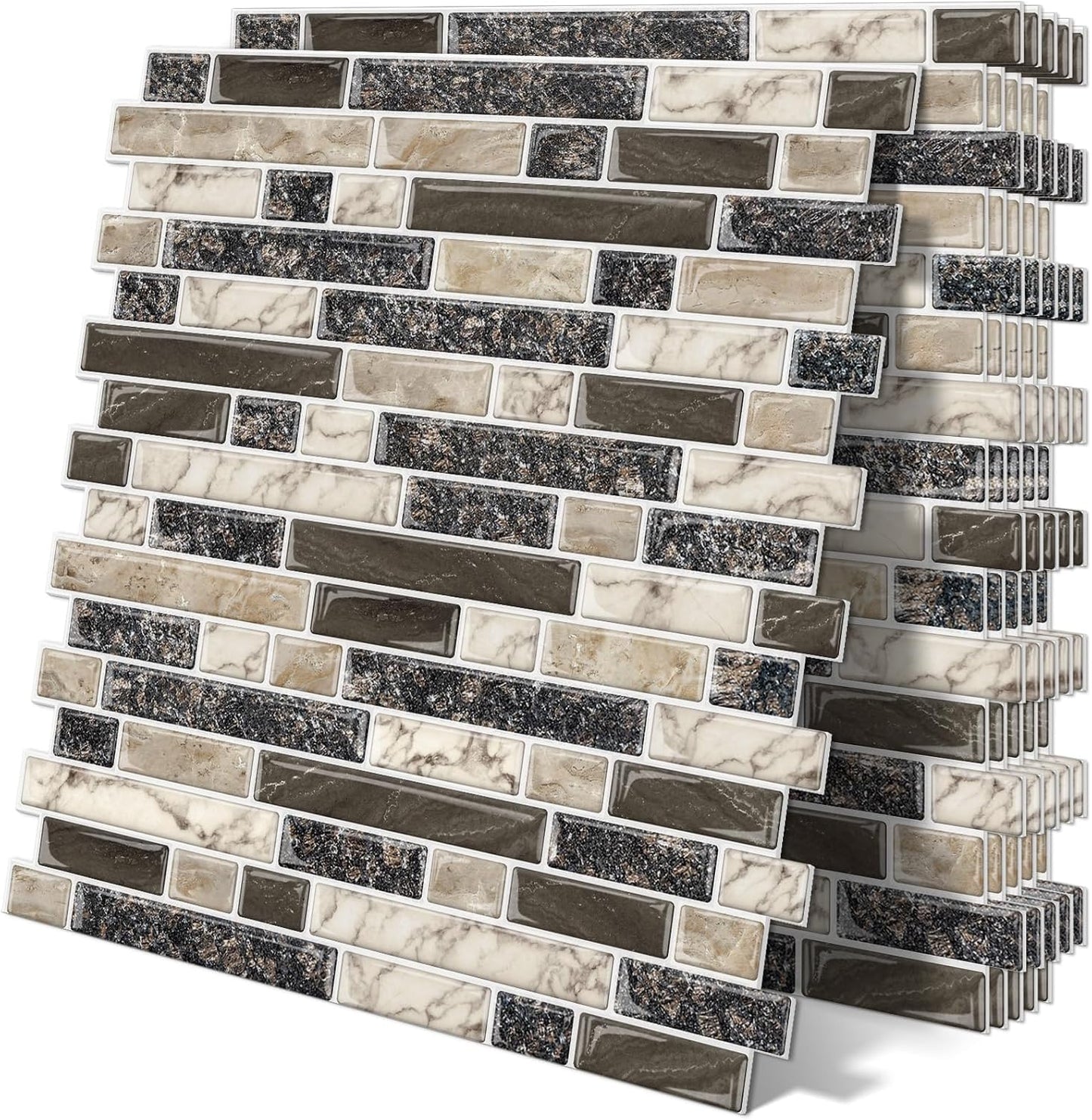Thick Peel and Stick Backsplash Tile 12"x12" 3D Self Adhesive Marble Tiles for Kitchen and Bathroom Wall (10-Sheet,Brown)