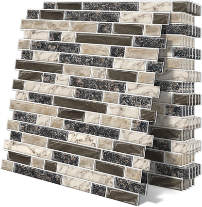 Thick Peel and Stick Backsplash Tile 12"x12" 3D Self Adhesive Marble Tiles for Kitchen and Bathroom Wall (10-Sheet,Brown)