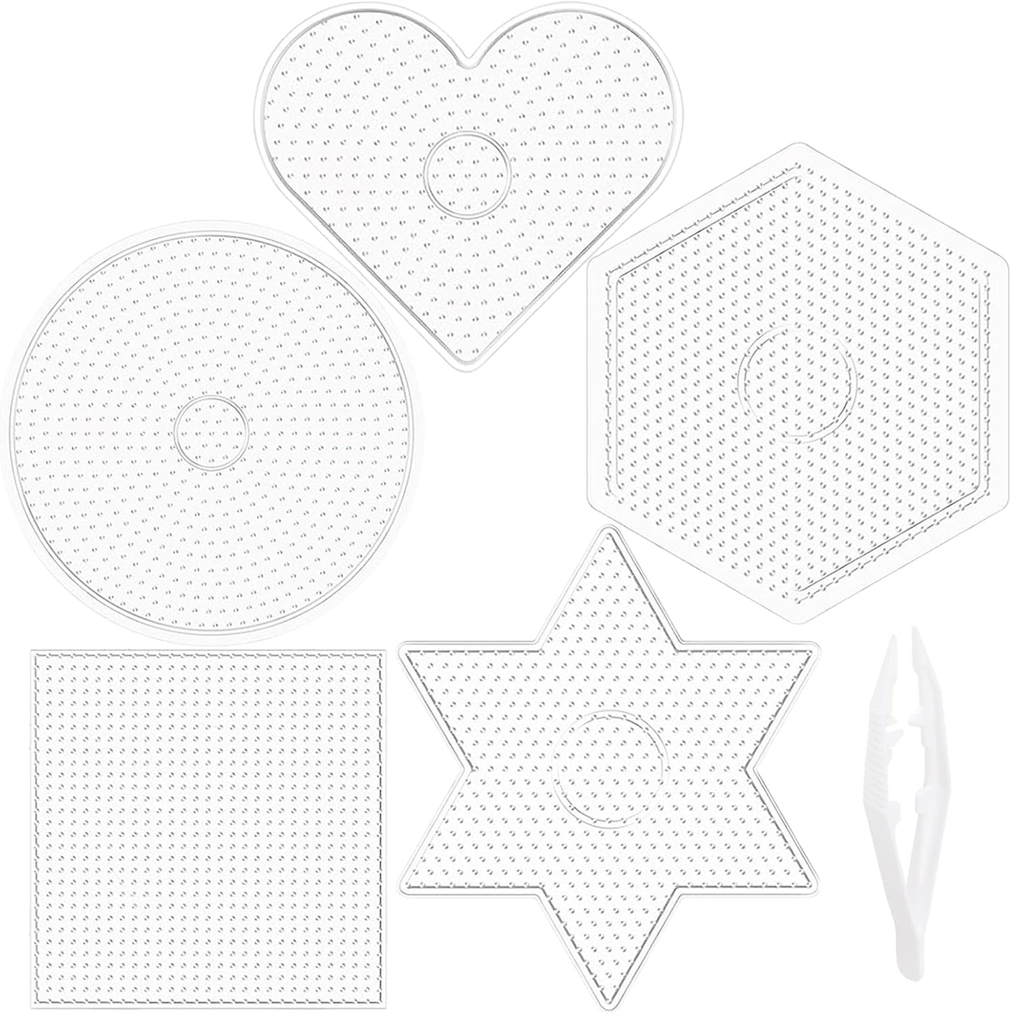 Darice Fuse Beads Pegboards 5pcs - 5mm Melty Beads Peg Board, Large Clear Plastic Boards Kit for Kids and Adults - 5.5" Square, Circle, Heart, Star, Hexagon