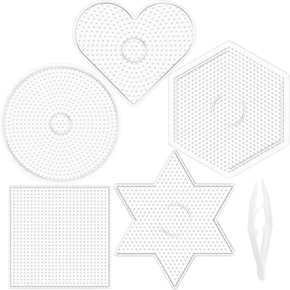 Darice Fuse Beads Pegboards 5pcs - 5mm Melty Beads Peg Board, Large Clear Plastic Boards Kit for Kids and Adults - 5.5" Square, Circle, Heart, Star, Hexagon