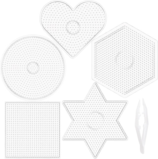 Darice Fuse Beads Pegboards 5pcs - 5mm Melty Beads Peg Board, Large Clear Plastic Boards Kit for Kids and Adults - 5.5" Square, Circle, Heart, Star, Hexagon
