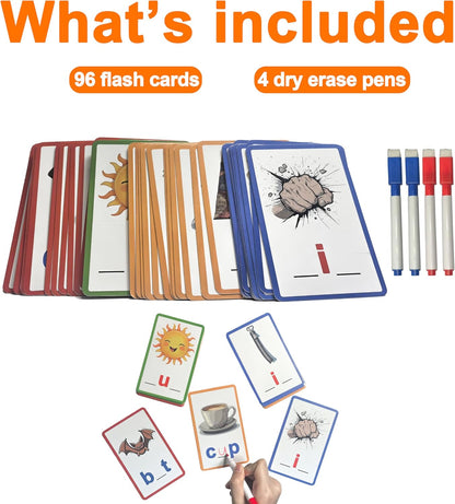 CVC Learning Flash Cards 1 Set- Educational Spelling and Reading Game for Preschool and Kindergarten, Includes Colorful Erasable Pens