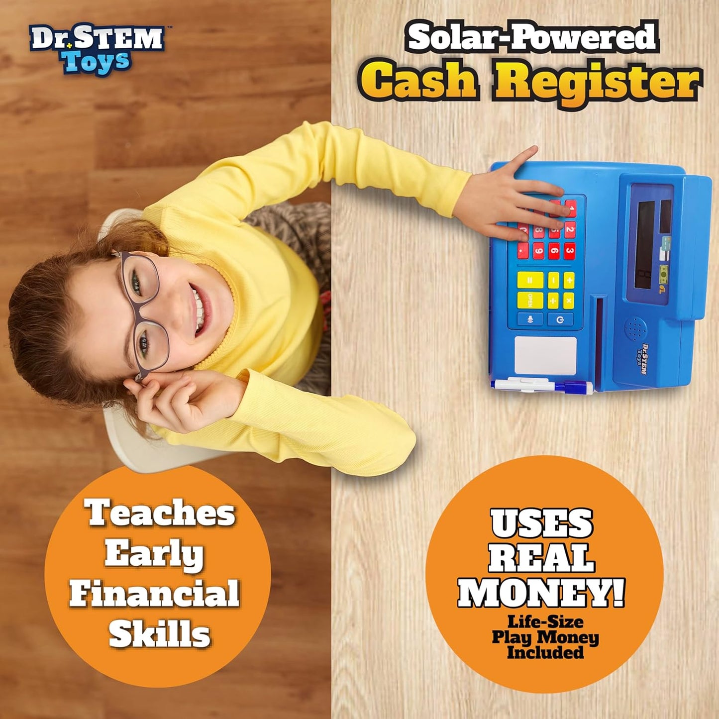 Dr. STEM Toys Solar Powered Calculator Pretend Cash Register with Play Money – 67-Piece Set for Learning Math Skills, STEM Cash Register for Kids (Gray)