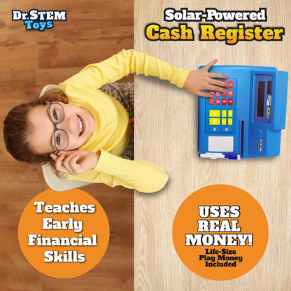 Dr. STEM Toys Solar Powered Calculator Pretend Cash Register with Play Money – 67-Piece Set for Learning Math Skills, STEM Cash Register for Kids (Gray)