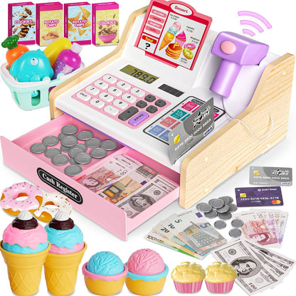 Kids Cash Register Toy Playset, Toddler Prentend Play Store with Real Calculator Cash Register with Scanner/Credit Card/Play Money/Food, Learning Toys for Boys Girls Toddlers(Pink)