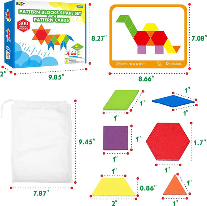215 PCS Wooden Pattern Blocks Set, 24 Double-Sided Design Cards Pattern Building Shapes Educational Geometric Shape Puzzle Fun Tangram Montessori Learning Toys for Kids Ages 4-8 (A Storage Bag)