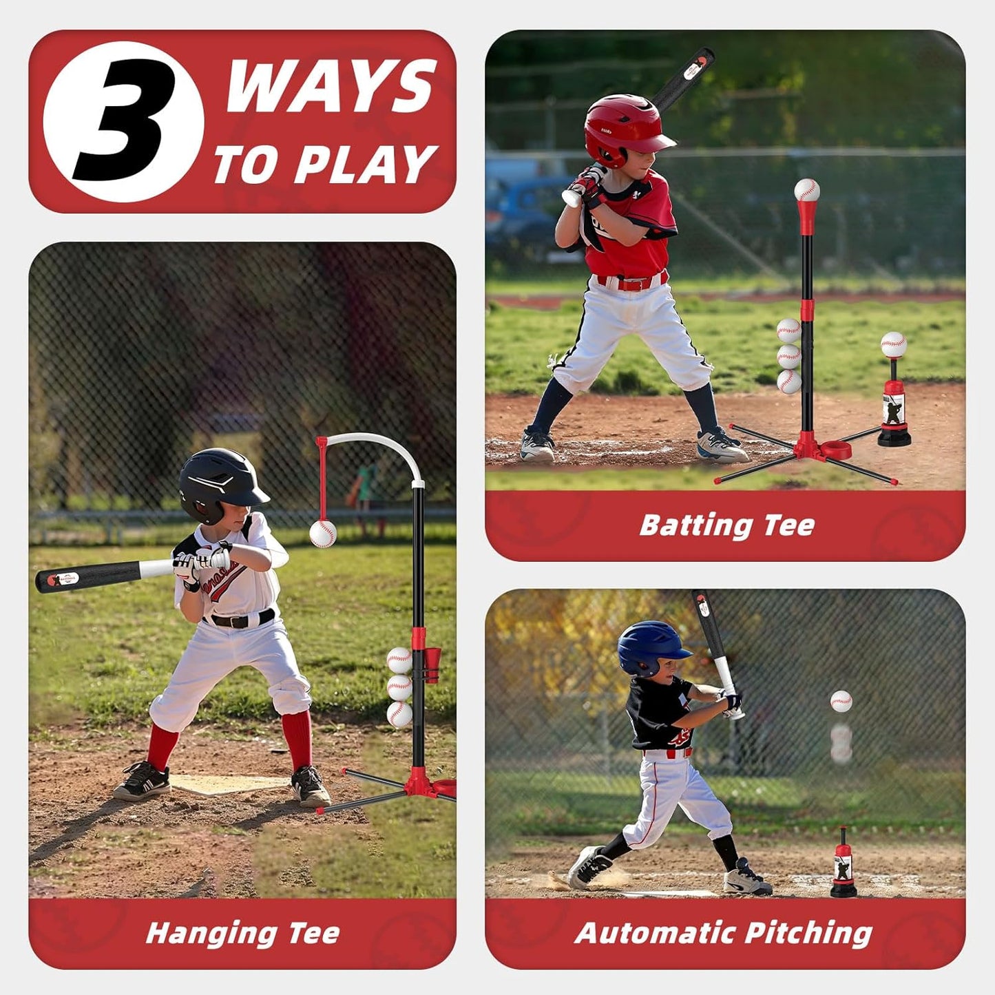 Wee Wonders 4 in 1 T-Ball Sets for Kids 3-5 with Toss and Catch Ball, Toddler Baseball with Auto Pitching Machine/6 Balls, Outdoor Sport Toys Gifts for Boys Girls