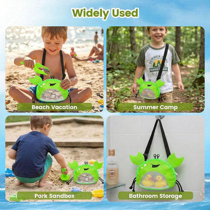 AMOR PRESENT Mesh Baby Beach Bag, Shell Collecting Bag with Shovel Crab-Shaped Adjustable Strap for Holding Shell Sea Pool Sand Toy, Blue