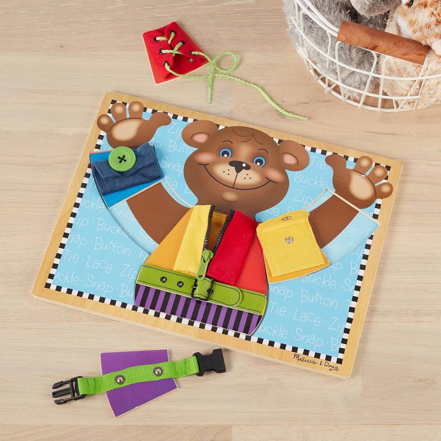 Melissa & Doug Basic Skills Puzzle Board - Wooden Educational Toy Learn to Button Busy Board, Activity for Fine Motor Skills, Developmental Toy for Toddlers Ages 3+