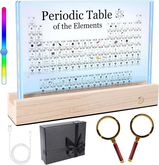 Rafecs Periodic Table with Real Elements Inside, Large Acrylic Periodic Table with Cordless LED Wooden Stand and Magnifier, Chemistry Gifts for Students, Kids, Teacher and Science Lovers