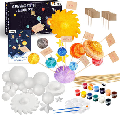 Pllieay Solar System Model Foam Ball Kit Includes 14PCS Mixed Sized Polystyrene Spheres Balls, 12PCS Bamboo Sticks, 12 Color Pigments, 2PCS Painting Brushes for School Science Projects