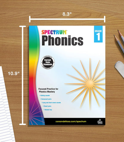 Spectrum 1st Grade Phonics Workbooks, Vowel, Consonant, and Ending Sounds and Pairs, Letters, Words, and Sentence Writing Practice, Classroom or Homeschool Curriculum