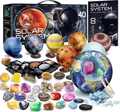 EDUMAN Gemstone Dig Kit - Dig It Up 40 Real Gems & Crystals with Mining Kit Tools, Solar System Eight Planets Toys for Kids Age 6+, STEM Science Educational Toys, Space Toys Ideal Gift for Boys Girls