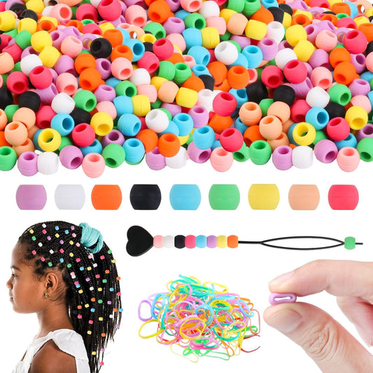 300 Small Silicone Hair Beads for Girls Women, 7*5mm Colorful Soft Mini Silicone Beads for Braids, Bracelet, DIY Crafts, Ornament, Plastic Quick Beader for Hair Braid, 50 Elastic Rubber Bands