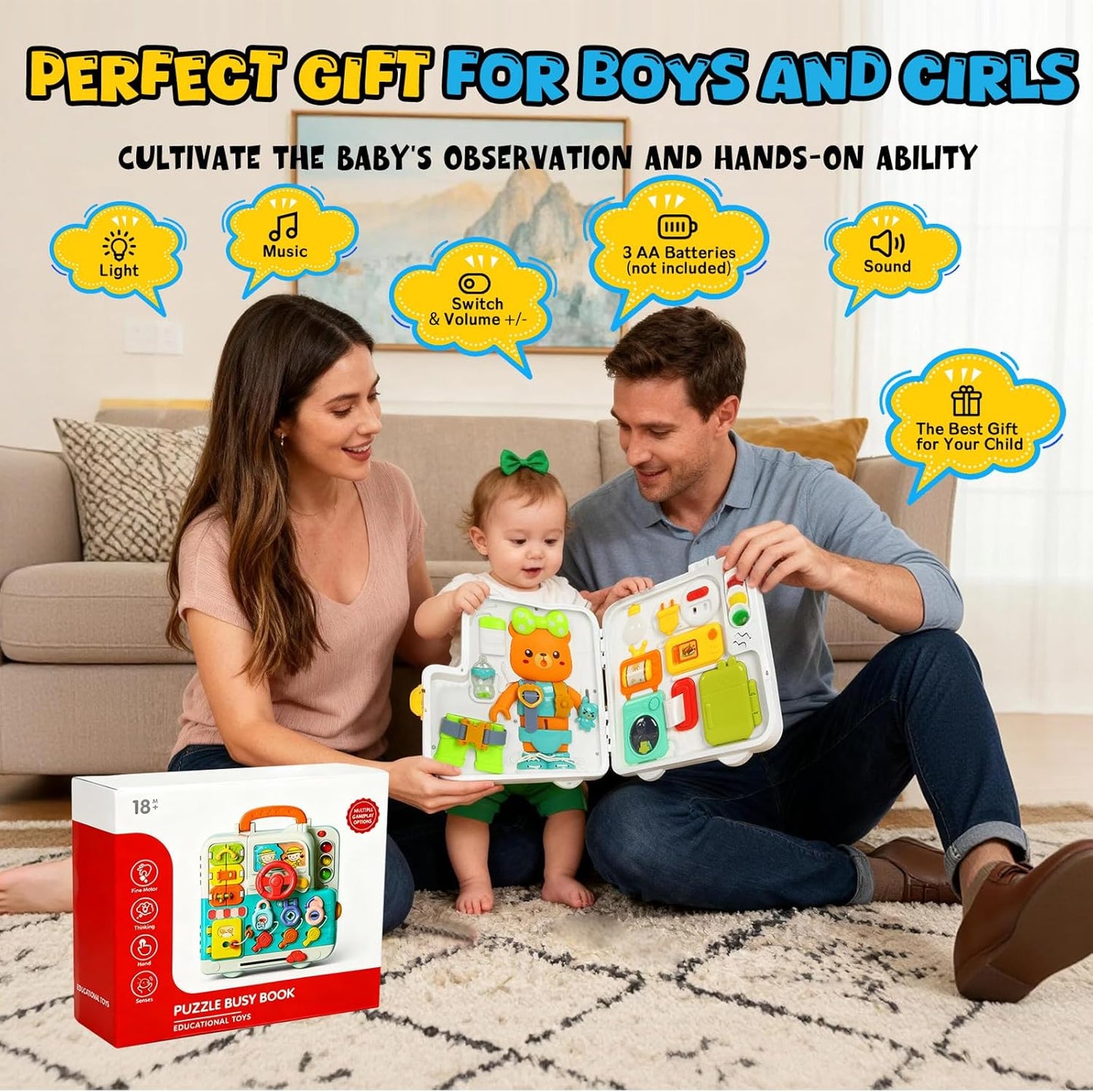 Montessori Busy Board Toys for 1 2 Year Old, Educational Montessori Baby Toys for 12-18 Months, Toddler 1-3 Musical Toys,Birthday Christmas Toys Gifts for 1 2 Year Old Boys Girls