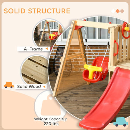 Outsunny Swing Set for Backyard, Wooden Toddler Outdoor Playset with Baby Swing Seat, Kids Slide, Fort, Playground Equipment with Captain's Wheel, Telescope for Ages 1.5-4, Natural