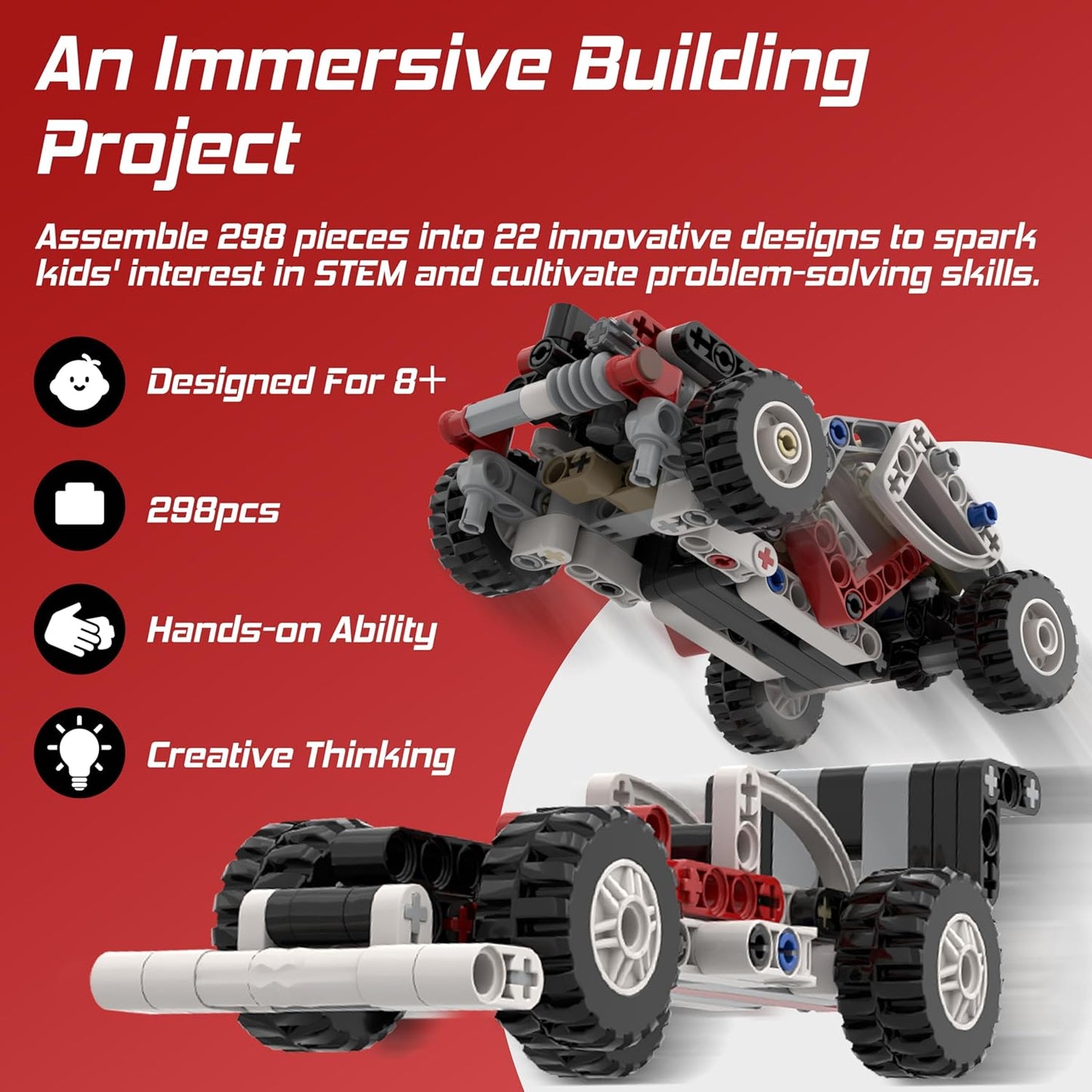 298 Pcs Technic-Parts-Set Axles-Gears-Pins-Beams-Bricks-Arms-Connectors-Wheels-Tires Compatible with Major Brand Building-Block MOC-Toy-Creations
