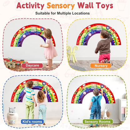 Rainbow Sensory Wall Panel for Toddlers 1-3 - Large Wooden Busy Board Wall Mount - 13-in-1 Montessori Activity Center for Daycare, Autism Sensory Room, Preschool Learning & Nursery Decor