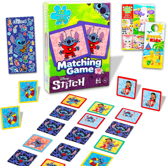 Disney Stitch Memory Matching Game Set - Bundle with 72 Cards of Lilo and Stitch Matching Card Game for Kids Featuring Stitch Plus Sticker Book, Tattoos, More | Stitch Memory Game for Kids