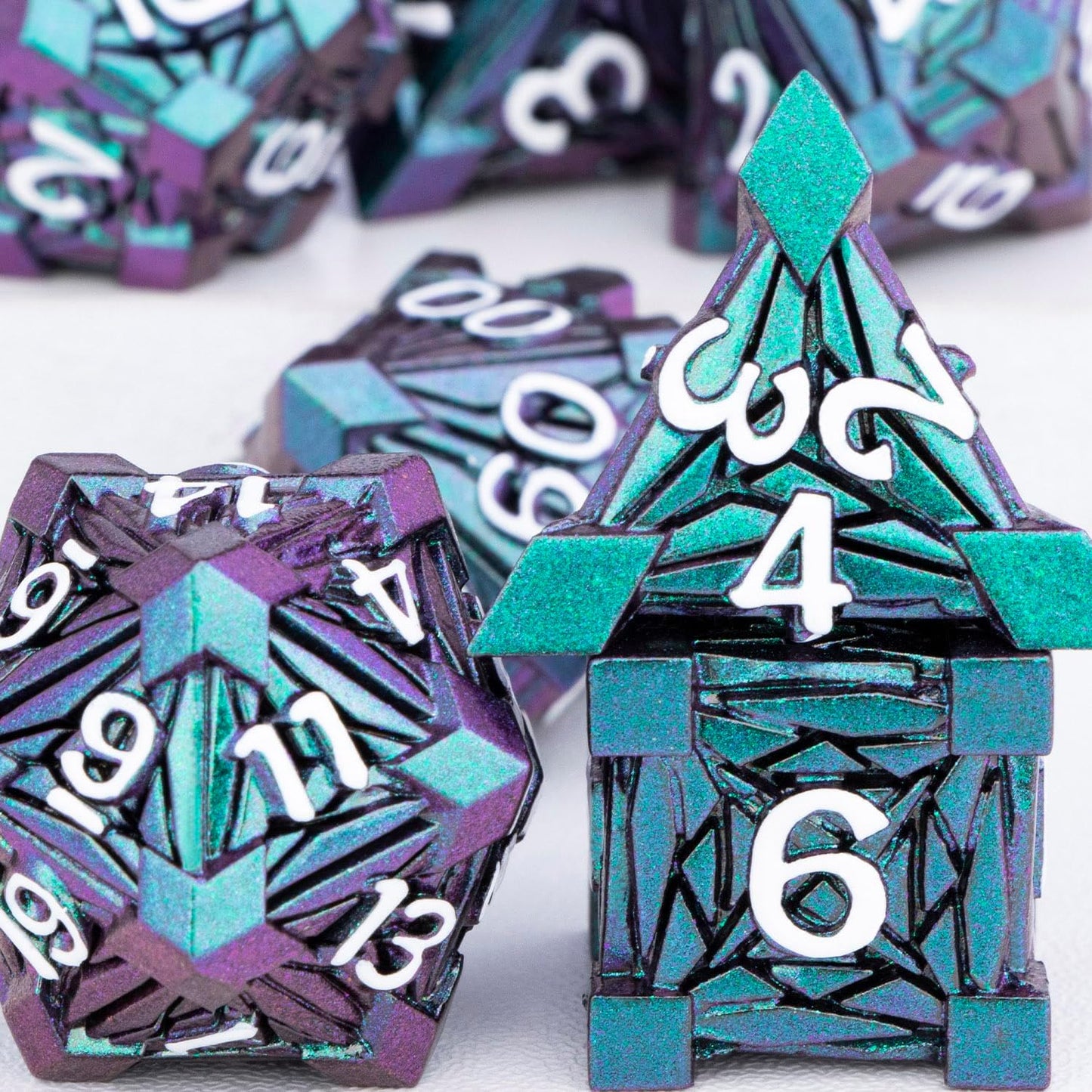 7PCS Metal DND Dice Set with Box, Debris RPG Blue White D and D Dice for D&D Tabletop Games Role Playing Game Polyhedral Dice Set D20 D12 D10 D8 D6 D4