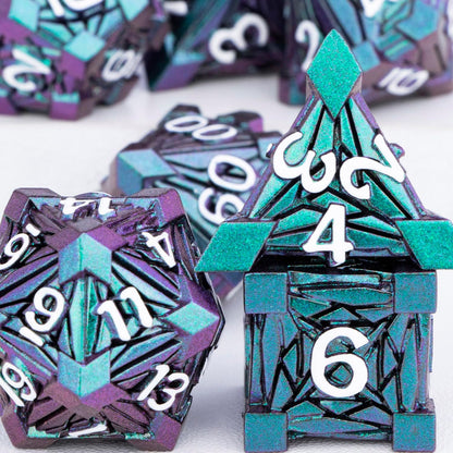 7PCS Metal DND Dice Set with Box, Debris RPG Blue White D and D Dice for D&D Tabletop Games Role Playing Game Polyhedral Dice Set D20 D12 D10 D8 D6 D4