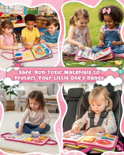 Montessori Busy Book for Toddlers, 8-Page Sensory Activity Book for Fine Motor Skills & Basic Dress Learning, Portable Travel Toy for Preschool Kids, Birthday Gift for Boys and Girls (Blue)