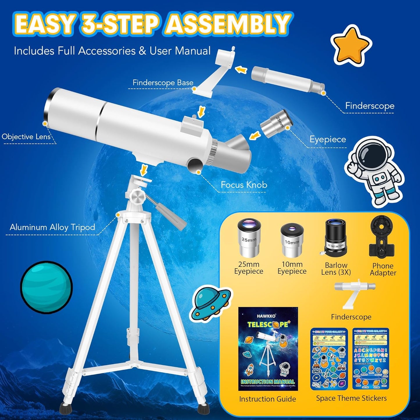 Hawkko Telescope for Adults & Kids Beginners, 80mm Aperture 500mm Telescopes for Adults Astronomy, (20X-150X) Portable Refractor Telescope Kit with Decorate Stickers, Backpack, Phone Adapter-BlackBlue