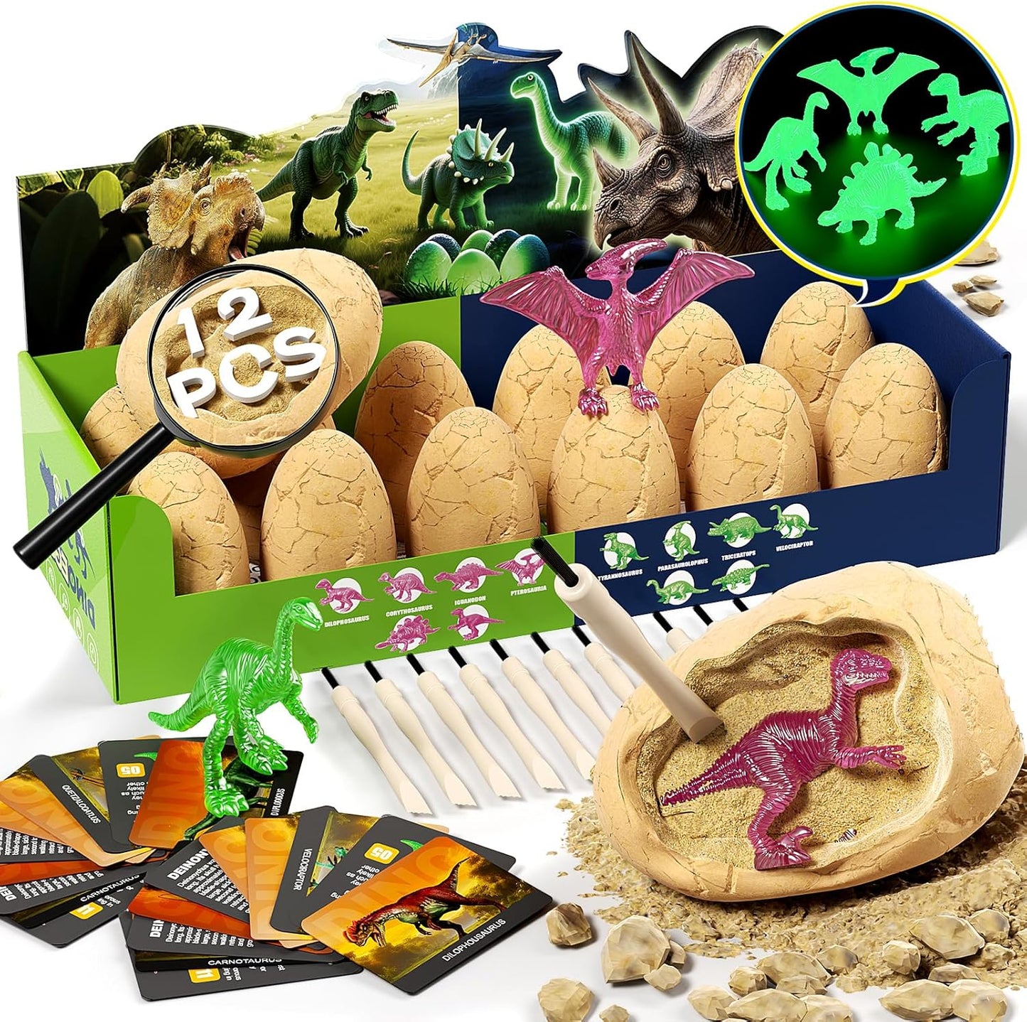 24 Dinosaur Eggs Dig Kit Toys for Kids, Dinosaur Eggs Excavation Kit with Magnifier, Easter Basket Stuffers, Science STEM Birthday Party Favors Gifts for Boys Girls Age 3 4 5 6 7 8 9 10 + Years Old