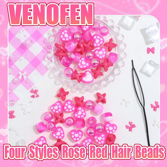 60PCS Red Hair Beads Heart Shape Braids Bead Jewelry AB Color Round Beads for Loc 4 Styles Dreadlock Accessories for Girls Valentine's Day Hair Decoration