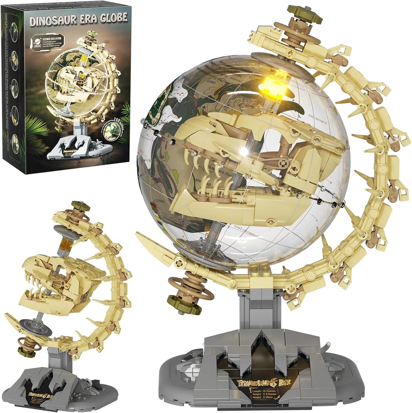 Dinosaur Skull Fossils Globe Building Set,360° Rotatable Globe Display Model with LED Light,STEM Skeleton Model Educational Toy, Gifts for Boys and Girls Ages 14+
