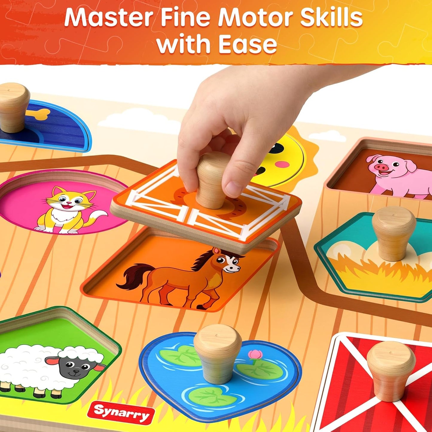 SYNARRY Farm Animals Toddler Puzzles, Wooden Puzzles for Toddlers 1-3, Jumbo Knob Peg Chunky Puzzle, Baby Puzzles 12-18 Months for Shape Recognition Fine Motor Skills, Barn Farm Toys for Toddlers 1-3