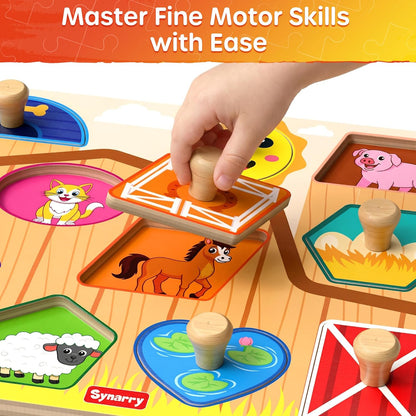 SYNARRY Farm Animals Toddler Puzzles, Wooden Puzzles for Toddlers 1-3, Jumbo Knob Peg Chunky Puzzle, Baby Puzzles 12-18 Months for Shape Recognition Fine Motor Skills, Barn Farm Toys for Toddlers 1-3