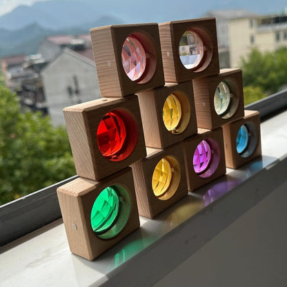20PCS Wooden Gem Blocks Stacking Toys,Colorful Acrylic Windows Blocks, Rainbow Crystal Acrylic Building Cubes Educational Sensory Training Crystal Toys (20PCS Round Gem Blocks)
