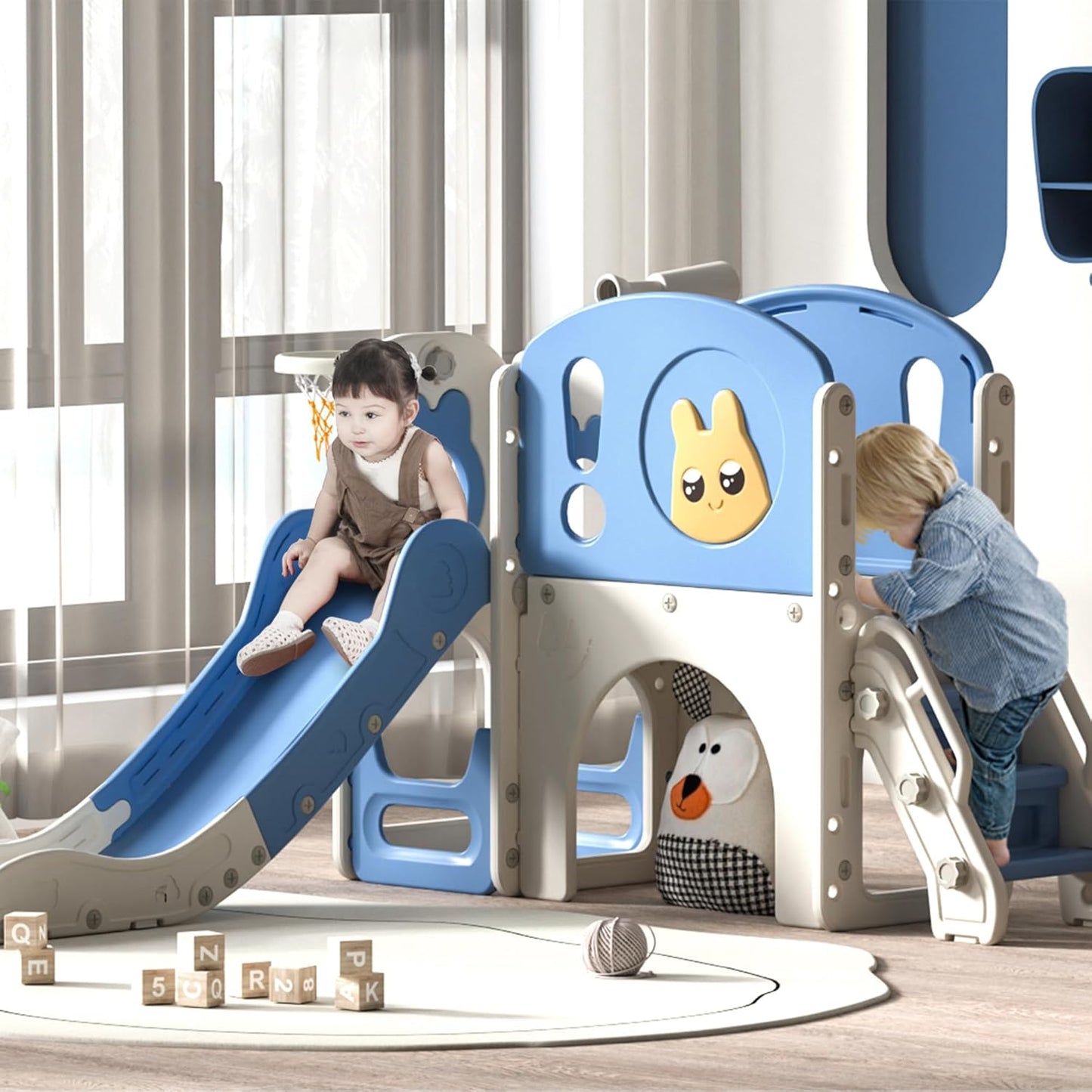 NYEEKOY 8-in-1 Toddler Slide and Climber Playset, Kids Slide Playground with Stairs, Tunnel, Telescope, Storage, Basketball Hoop and Ball, Indoor Outdoor, 1-3 Years Old, Blue