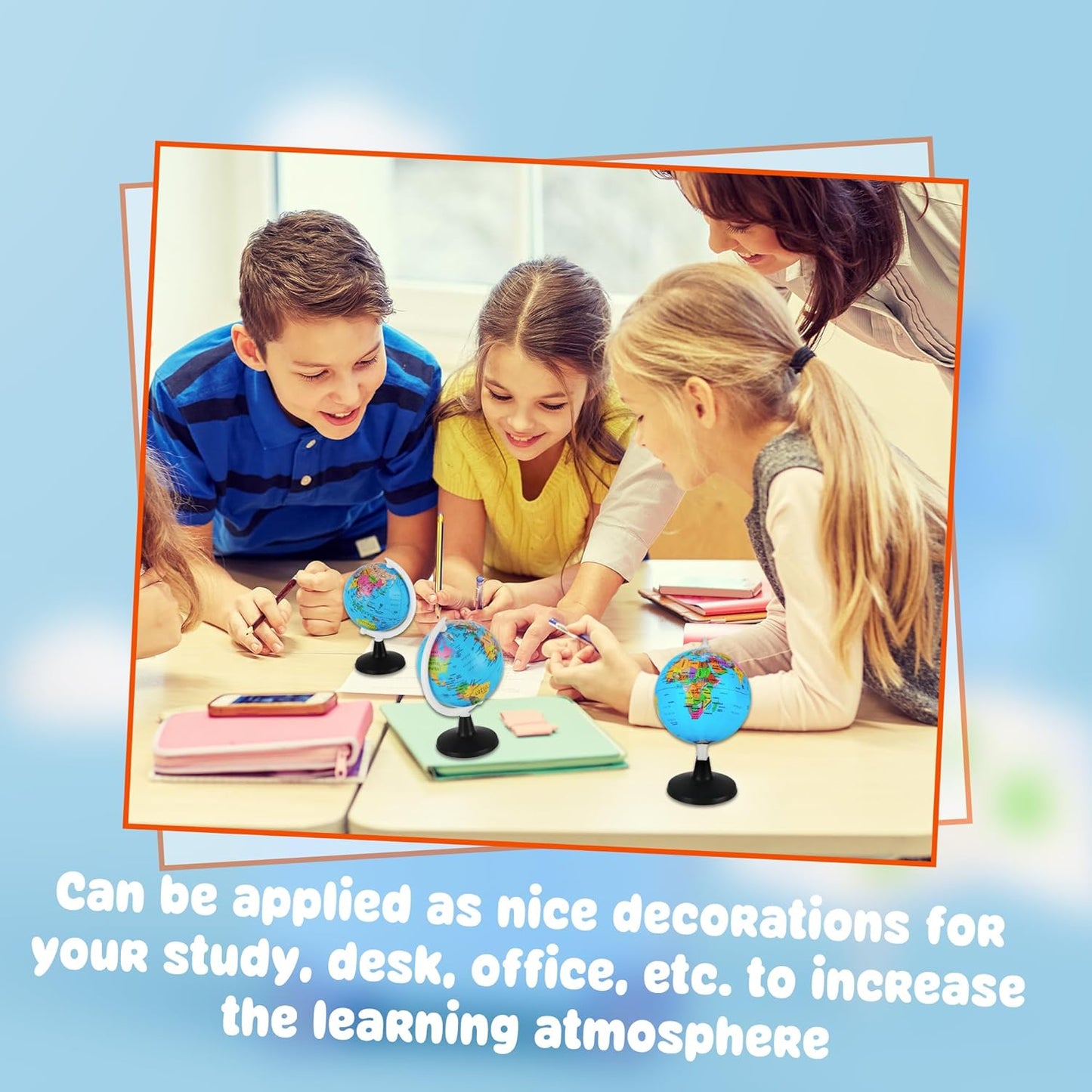 16 Pcs 3.4 Inches Mini World Globes Rotating Geographic Earth Map Globe with Stand for Learning Educational Classroom Desk Table Decoration, Blue