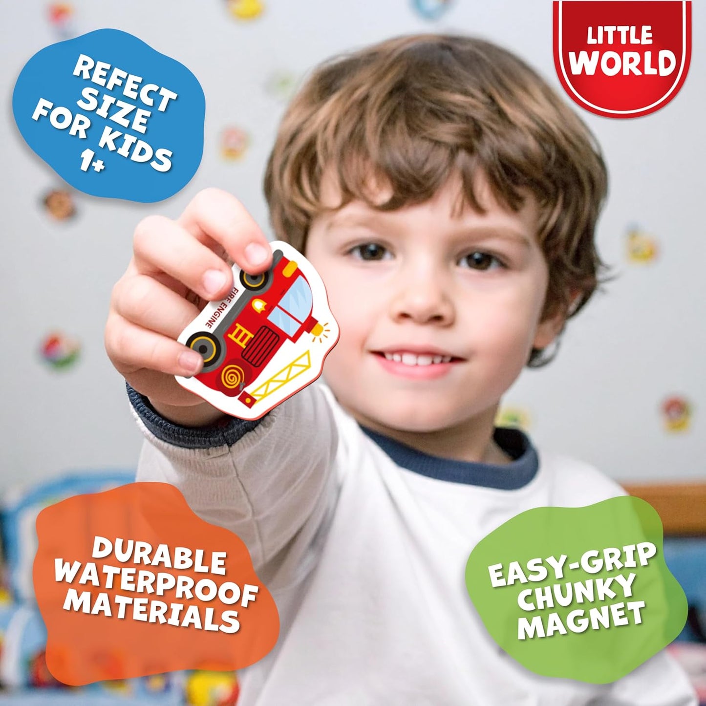 Little World Large Set of Safe and Durable Fridge Magnets for Toddlers 1-3 | Foam Refrigerator Magnets for Kids with Gift Box | Waterproof, Non-Toxic Cars & Vehicles Magnets for Children and Babies 1+