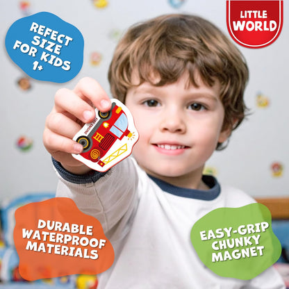 Little World Large Set of Safe and Durable Fridge Magnets for Toddlers 1-3 | Foam Refrigerator Magnets for Kids with Gift Box | Waterproof, Non-Toxic Cars & Vehicles Magnets for Children and Babies 1+