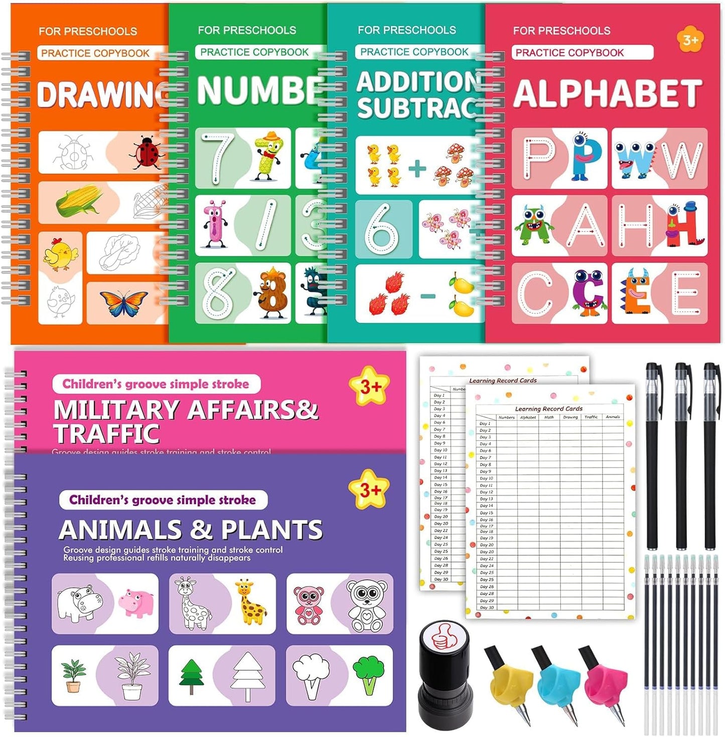 6 Pack Magic Grooved Writing Practice Books for Kids,Reusable Handwriting Practice with Pen,Pencil Grisp,Cute Seal and Learning Schedule ,Pecfect Tracing Copybook for Kindergarten Preschool Age 3-8