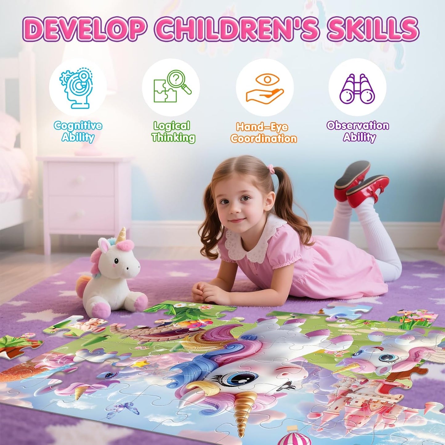Jumbo Floor Puzzle for Kids,48 Piece Unicorn Large Jigsaw Puzzles,Puzzle for Toddler Ages 3-5,Fun Educational Preschool Learning Toy Easter Gift for Boys & Girls Ages 4-8