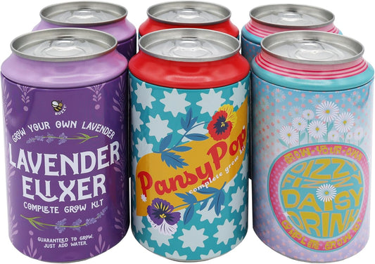 BUZZY Seeds Flower Grow Kit 6-Pack – Pansy, Lavender & Daisy Soda Cans with Seeds, Growing Medium & Liners – Fun DIY Indoor Gardening Party Favors & Gift Set
