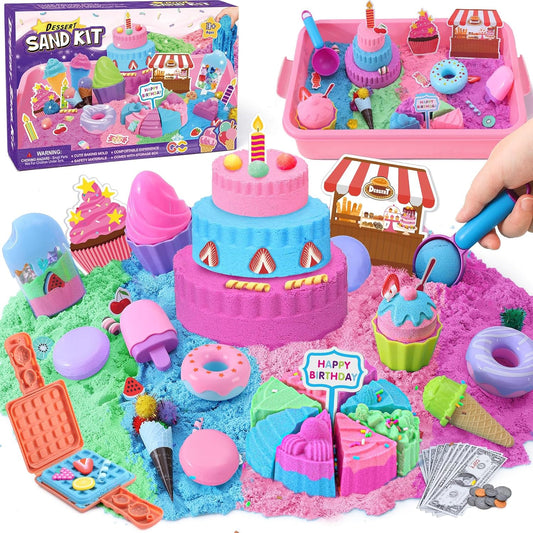 Golray Ice Cream Sensory Bin for Girls, Play Sand Art Kit with Sandbox, 2lb Magic Sand, Cake & Waffle Molds, Pretend Play Desserts Toys, Sensory Toy Set Gifts for Girl Toddlers Ages 3 4 5 6 7 8