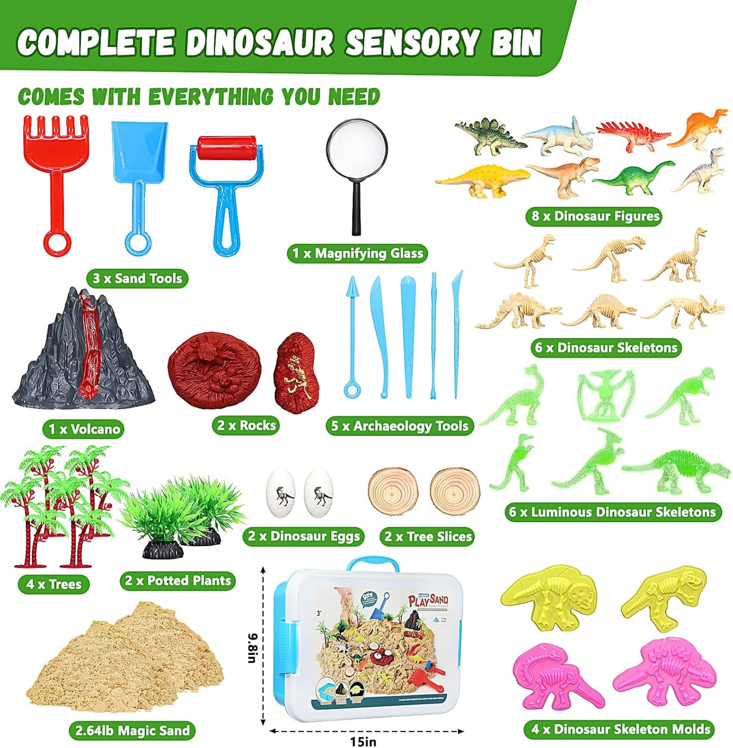 Dinosaur Sensory Bin with Lid, 2.64lbs Magic Sand, Dino Figures, Skeletons & Archaeology Tools, Sensory Sand Kit Dinosaur Toys for Kids 3 4 5 6 7+ Year Old Boy Toddler Birthday Gift Christmas