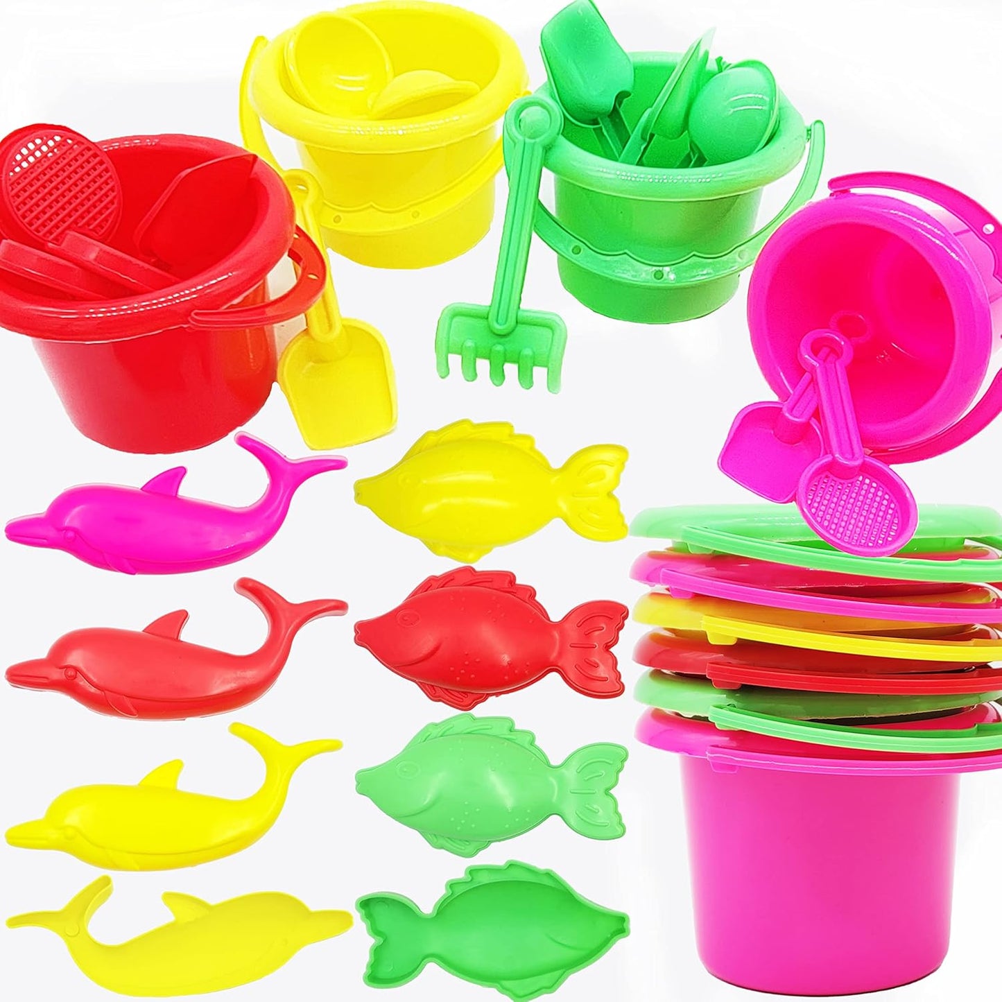 The Dreidel Company Mini Beach Day Playsets (Pack of 6) 3.25" Sand Bucket Play Set Box Includes, Pail, Shovel, Rake, Sifter Scoop, Dolphin Fish Sand Trays Toy for Boys and Girls Birthday Party Favor