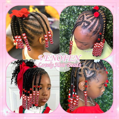 60PCS Pink White Hair Beads for Braids Three Styles Cute Loc Beads Heart Shape Bead for Kids Dreadlock AB Color Round Pony Bead Accessories