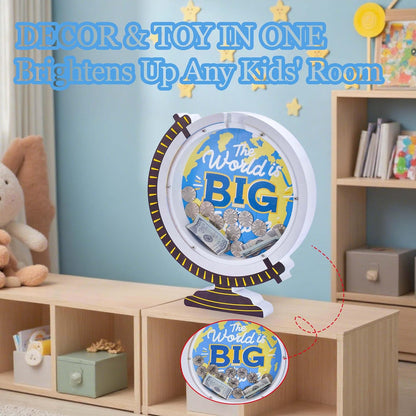 Wooden Globe Piggy Bank for Boys Kids Girls Clear Real Money Coin Bank Toy Toddler Birthday