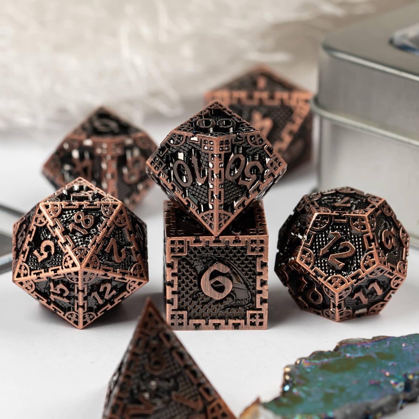 UDIXI Steampunk Metal Dice Set, 7 Die Polyhedral DND Dice Set for D&D Role Playing Game and Math Teaching (Ancient Copper)