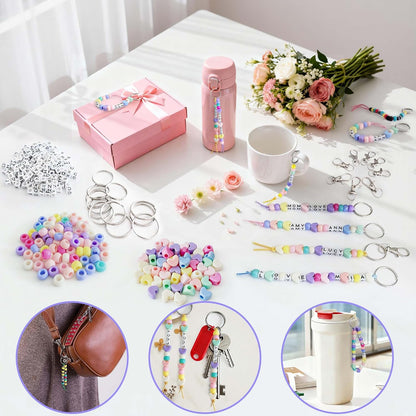 BIGCOMER 578Pcs DIY Bead Keychain Making Kit – Alphabet Letter Beads & Key Rings Set – Custom Backpack Charms, Phone Straps & Arts Crafts Gifts for Kids & Adults