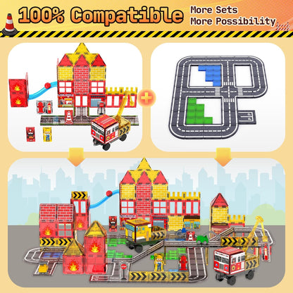Magnetic Tiles for Kids Ages 4-8, Magnetic Blocks with Construction, Fire Fighting, Road, Engineering, Crane and Truck Themes, Magnet Toys Classroom Travel STEM Birthday Gifts for Boys