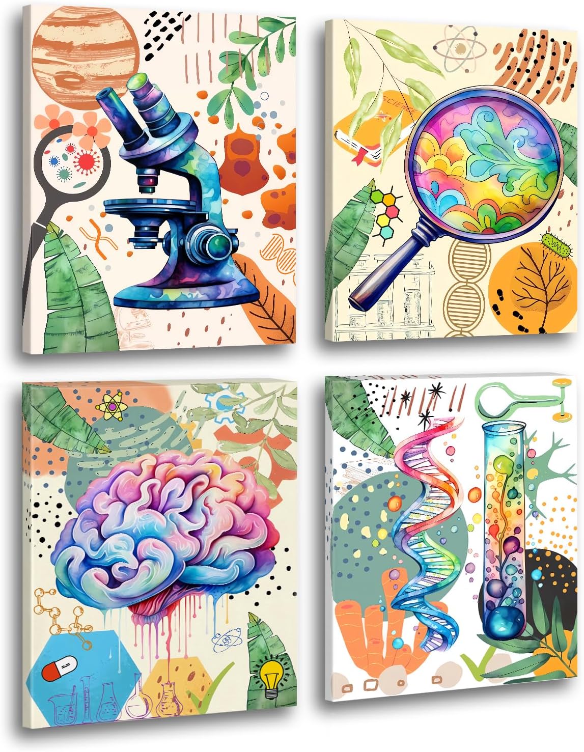 ZHAXFA Science Wall Art Canvas Prints,Biochemical Science Art poster,Microbiology Chemistry Wall Prints,Boho Classroom Wall Art,School Laboratory Decoration Set of 4 (Unframed 8x10 inches)