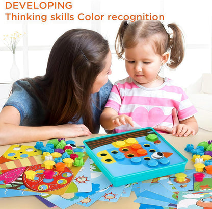 TINOTEEN Button Art Toy for Toddlers,Toddler Activities Crafts Color Matching Early Learning Educational Mosaic Pegboard 50 Buttons and 18 Pictures